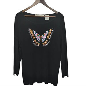 Lucia Burns Ribbed Knit 3/4 Sleeve Black Sweater Top Sequin Beaded Butterfly XL